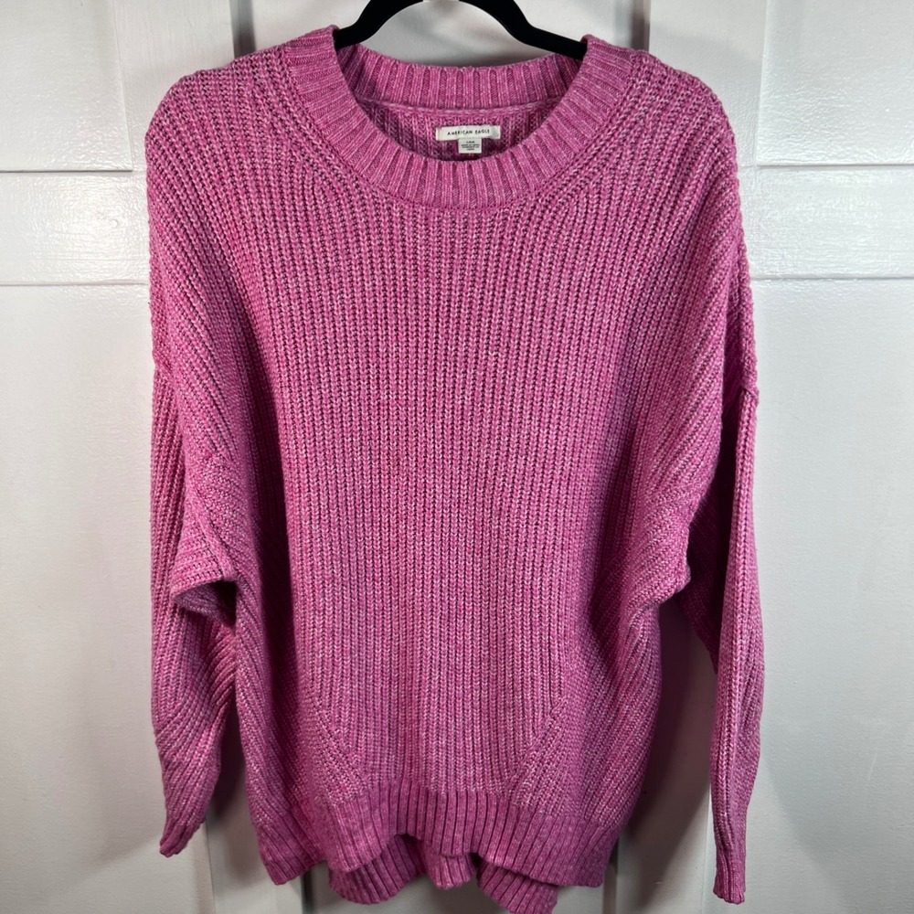 American Eagle Pink Chenille Chunky Ribbed Knit Crewneck Sweater Large